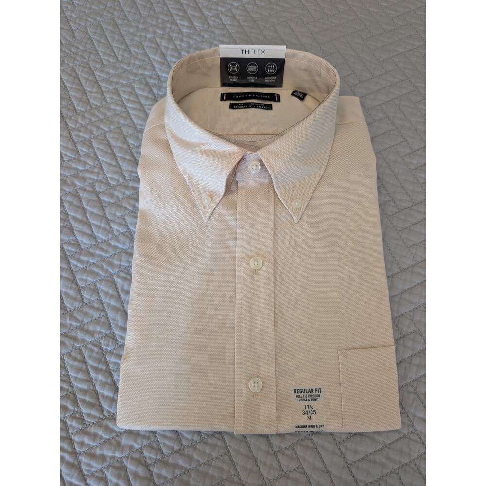 Tommy Hilfiger Dress Shirt Men's Size 17.5 34/35 Khaki Regular Fit Flex Twill